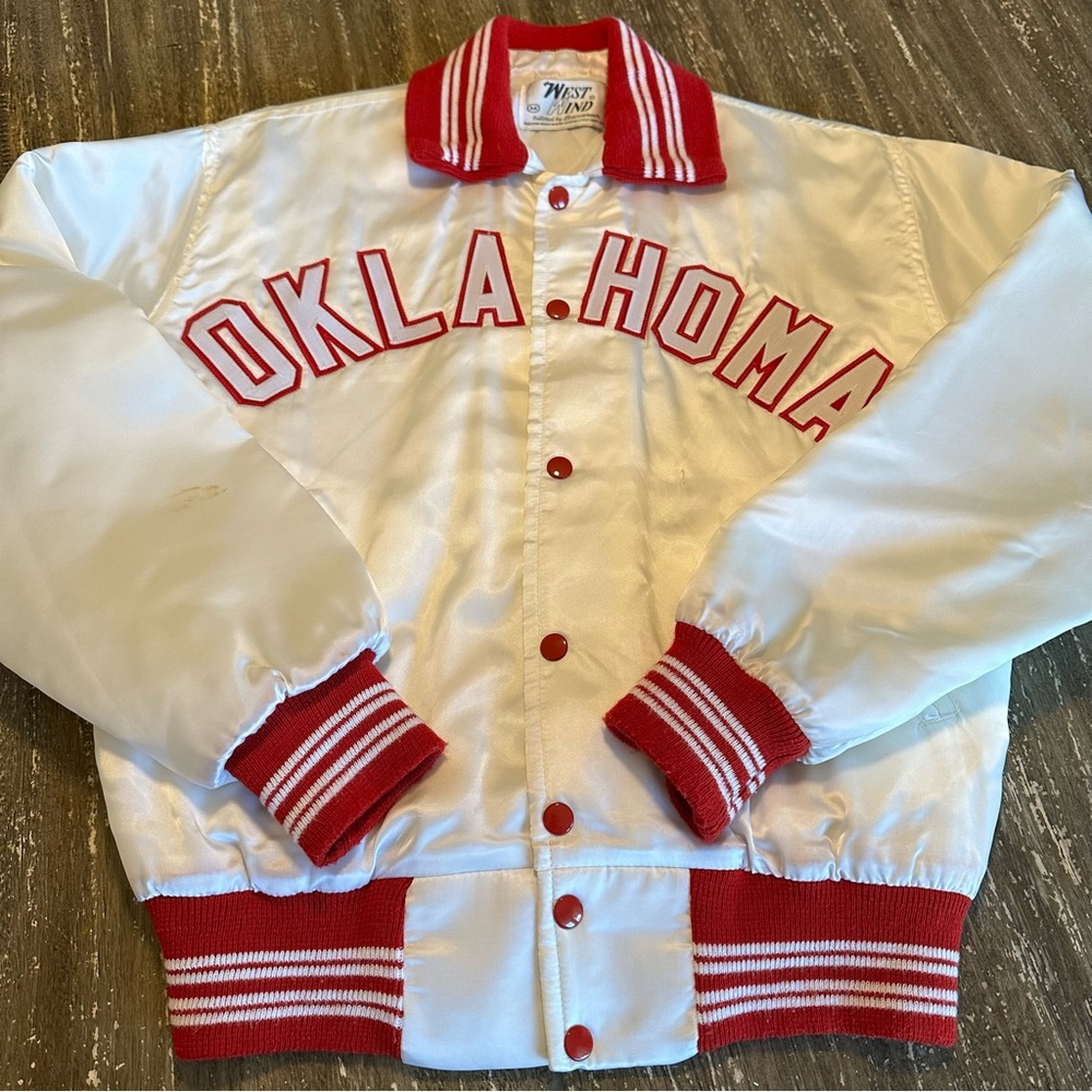 Vintage West Wind Oklahoma Sooners Satin Snap Button Jacket White, Medium